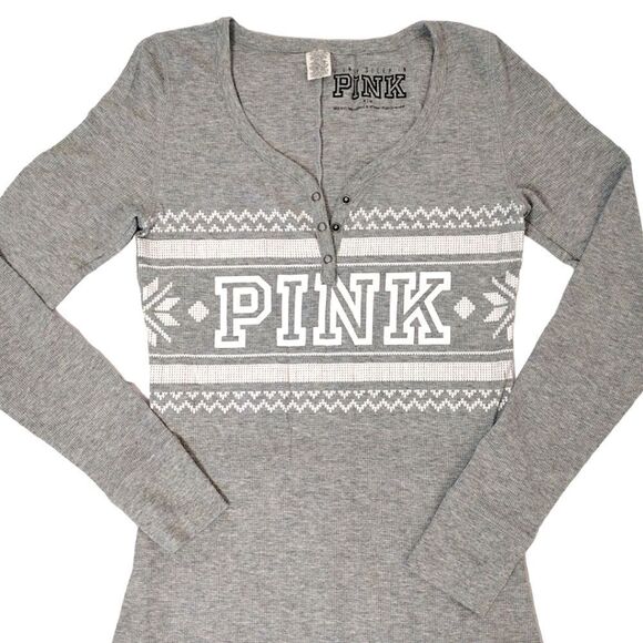 VS PINK Thermal Onesie Pajama M Grey Fair Isle Drop Seat 2016 Limited Rare - Picture 4 of 12